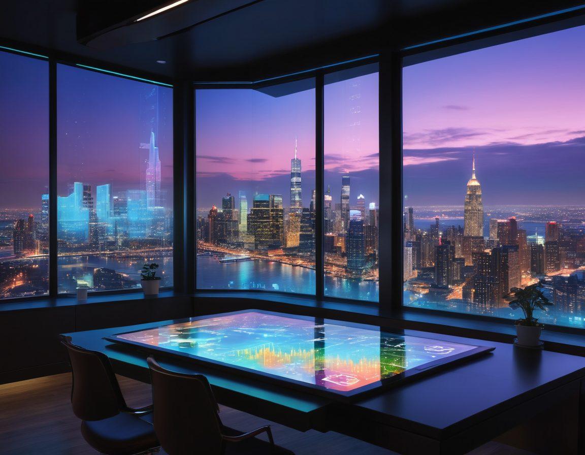 A futuristic workspace showcasing advanced technology, with holographic screens displaying data analytics and trends. An individual is deeply engaged in writing on a digital tablet, surrounded by ideas visually represented as floating lightbulbs and gears. The atmosphere is bright and inspiring, with a city skyline visible through a large window, symbolizing growth and innovation. sleek modern design, vibrant colors, 3D.