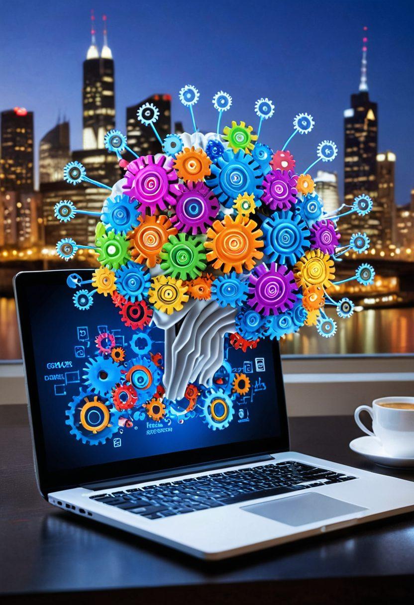 A brain composed of colorful gears and light bulbs, symbolizing innovation and creativity, surrounded by a laptop, notebook, and digital devices illustrating blogging and tech insights. The background features a vibrant city skyline to represent the digital landscape. Bright, engaging colors to inspire creativity and motivation. super-realistic. vibrant colors. 3D.