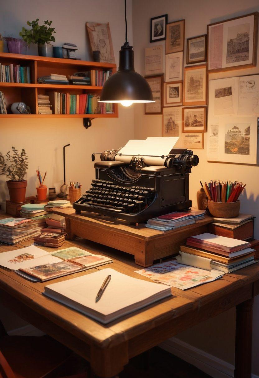 A creative workspace with a typewriter, scattered papers, and vibrant sketches, capturing the essence of imagination. A light bulb illuminates the scene, symbolizing inspiration, while a diverse group of people brainstorms around a large table. Soft, warm lighting casts a cozy atmosphere, enhancing a sense of collaboration and creativity. Include a bookshelf filled with colorful books in the background, representing knowledge. super-realistic. vibrant colors. cozy ambiance.